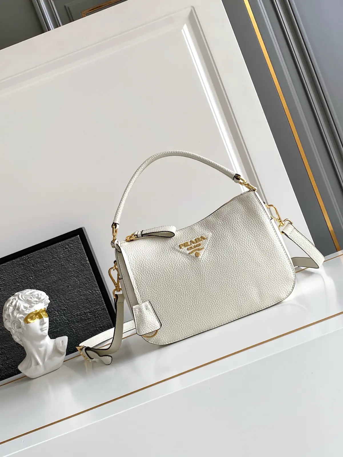 Prada White Pebbled Leather Top Handle Bag image 1