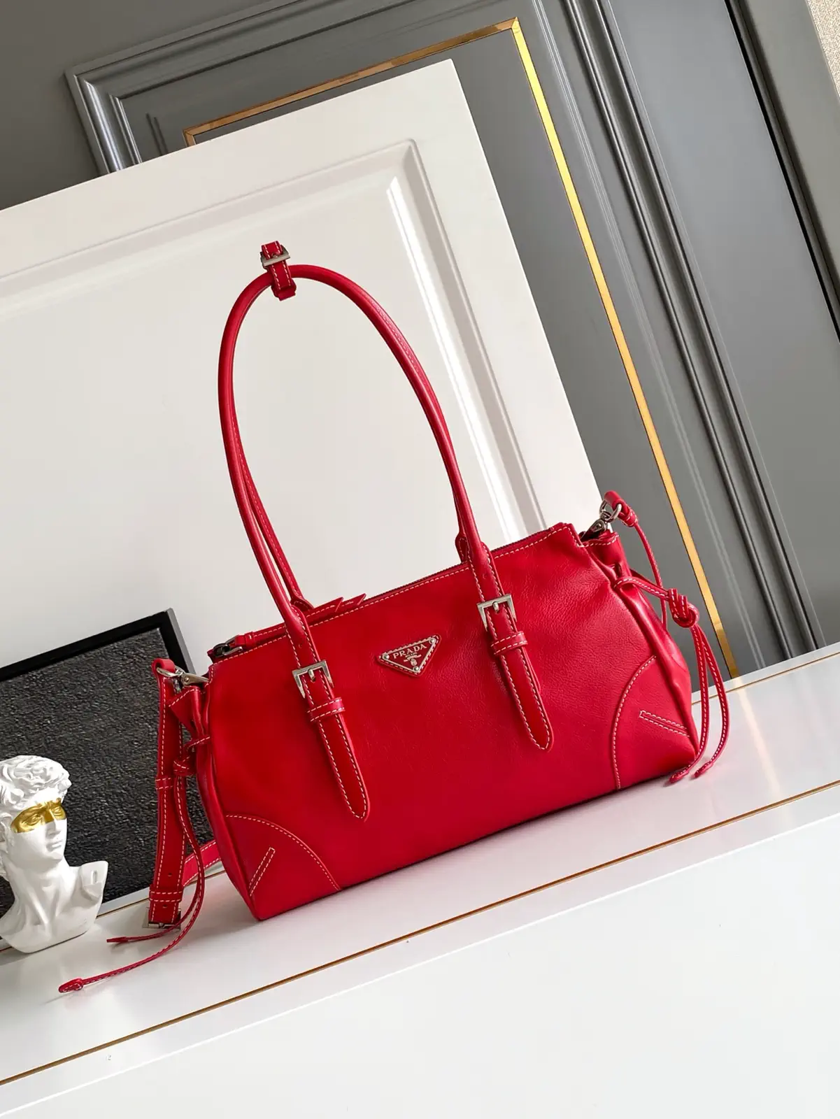 Prada Red Leather Top Handle Bag with Detachable Shoulder Strap image 1