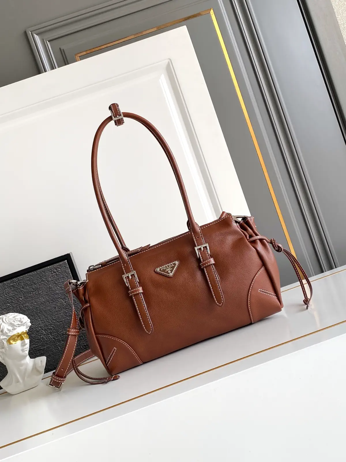 Prada Brown Leather Top Handle Bag with Detachable Shoulder Strap image 1
