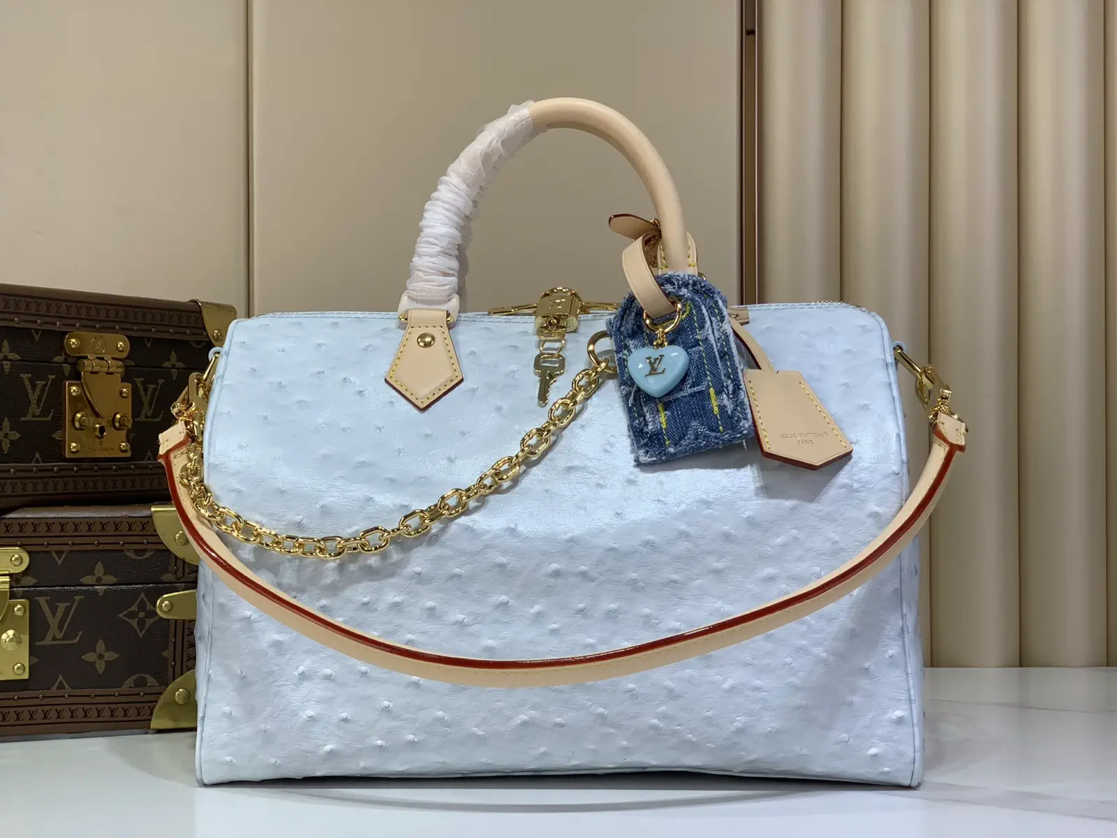 Louis Vuitton Light Blue Ostrich Pattern Speedy Soft 30 Boho Top Handle Bag image 1