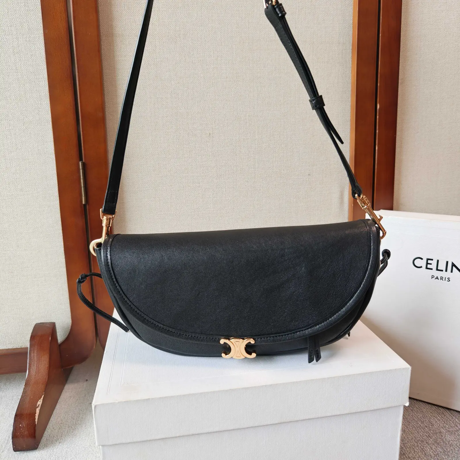 CELINE Black Leather Halfmoon Crossbody Bag image 1