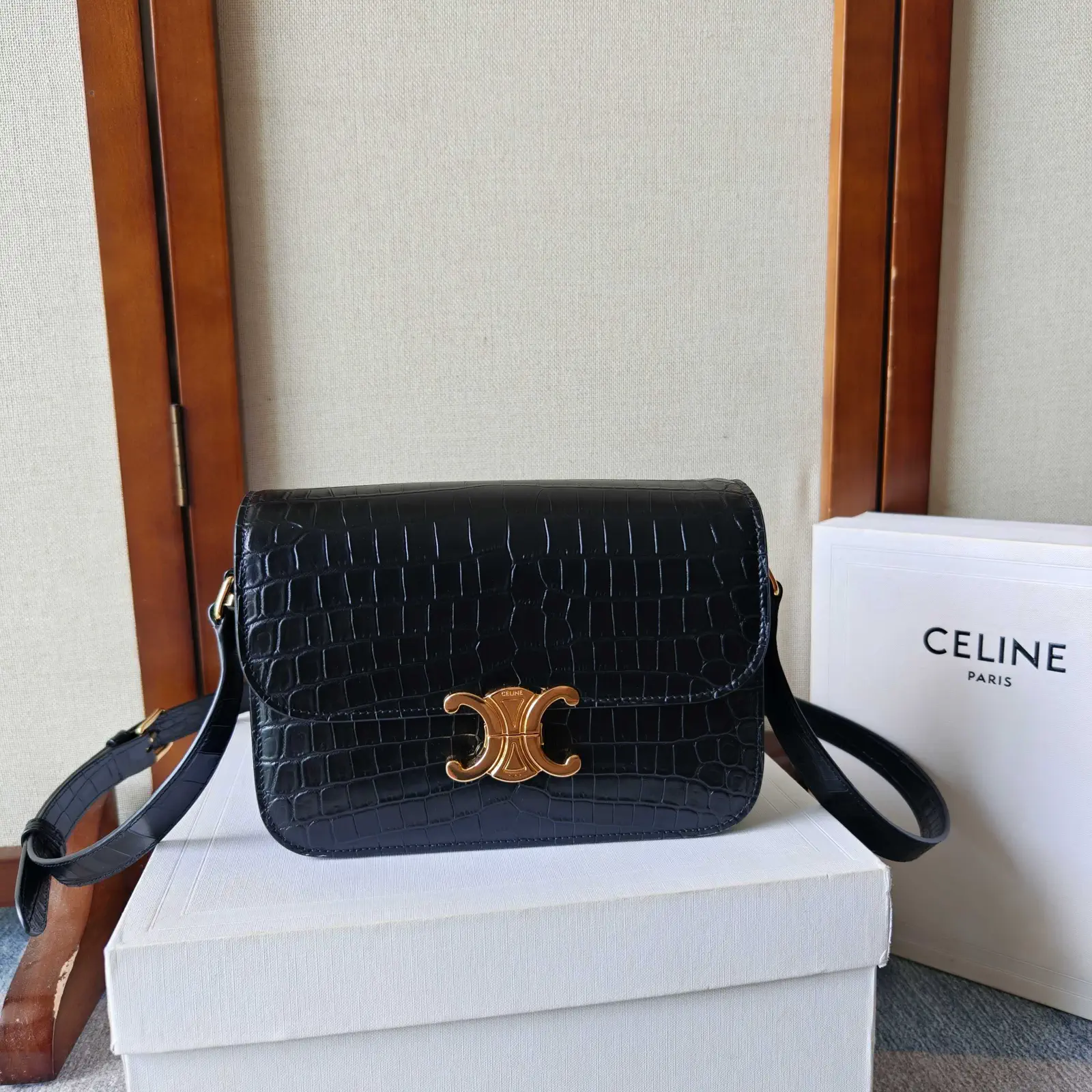 CELINE Crocodile Embossed Triomphe Shoulder Bag image 1