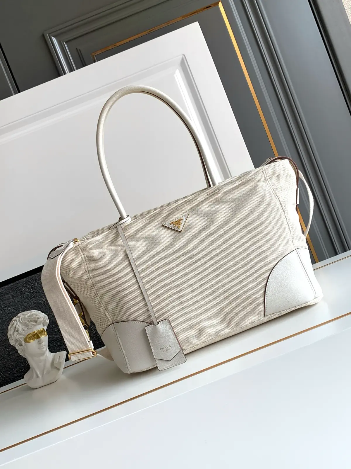 Prada Linen Blend Tote Bag with Leather Trim image 1