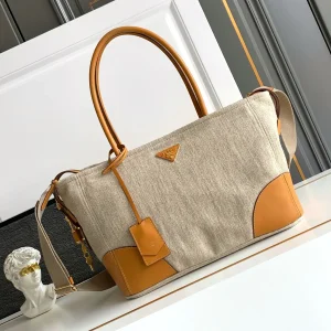 Prada Linen Blend Tote Bag with Leather Trim image 1