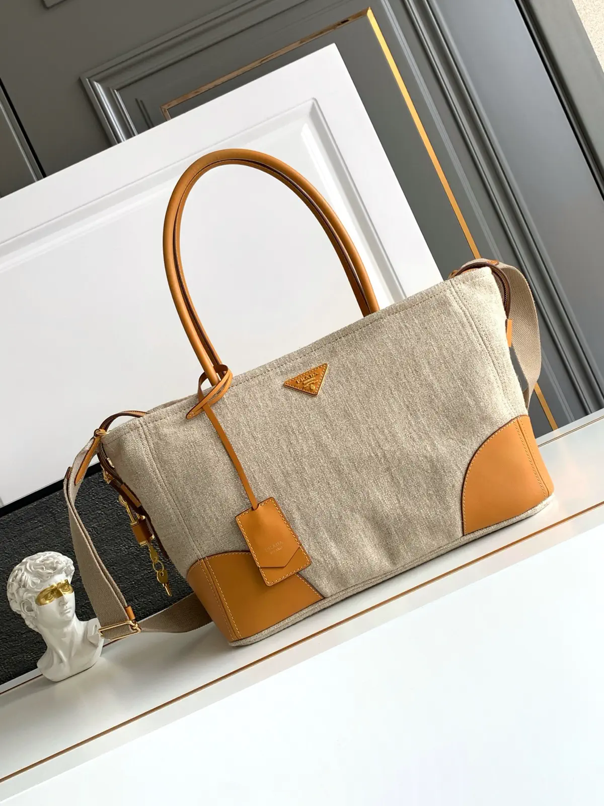 Prada Linen Blend Tote Bag with Leather Trim image 1