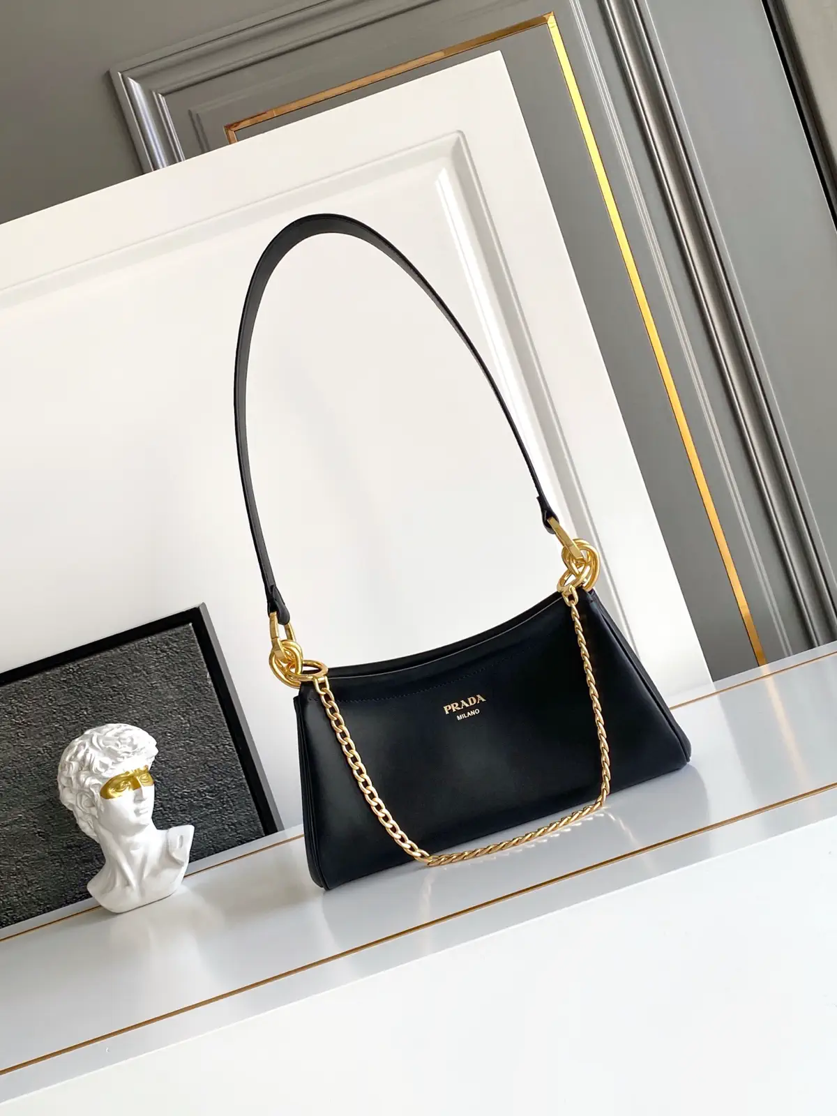 Prada Black Leather Shoulder Bag with Chain Detail image 1