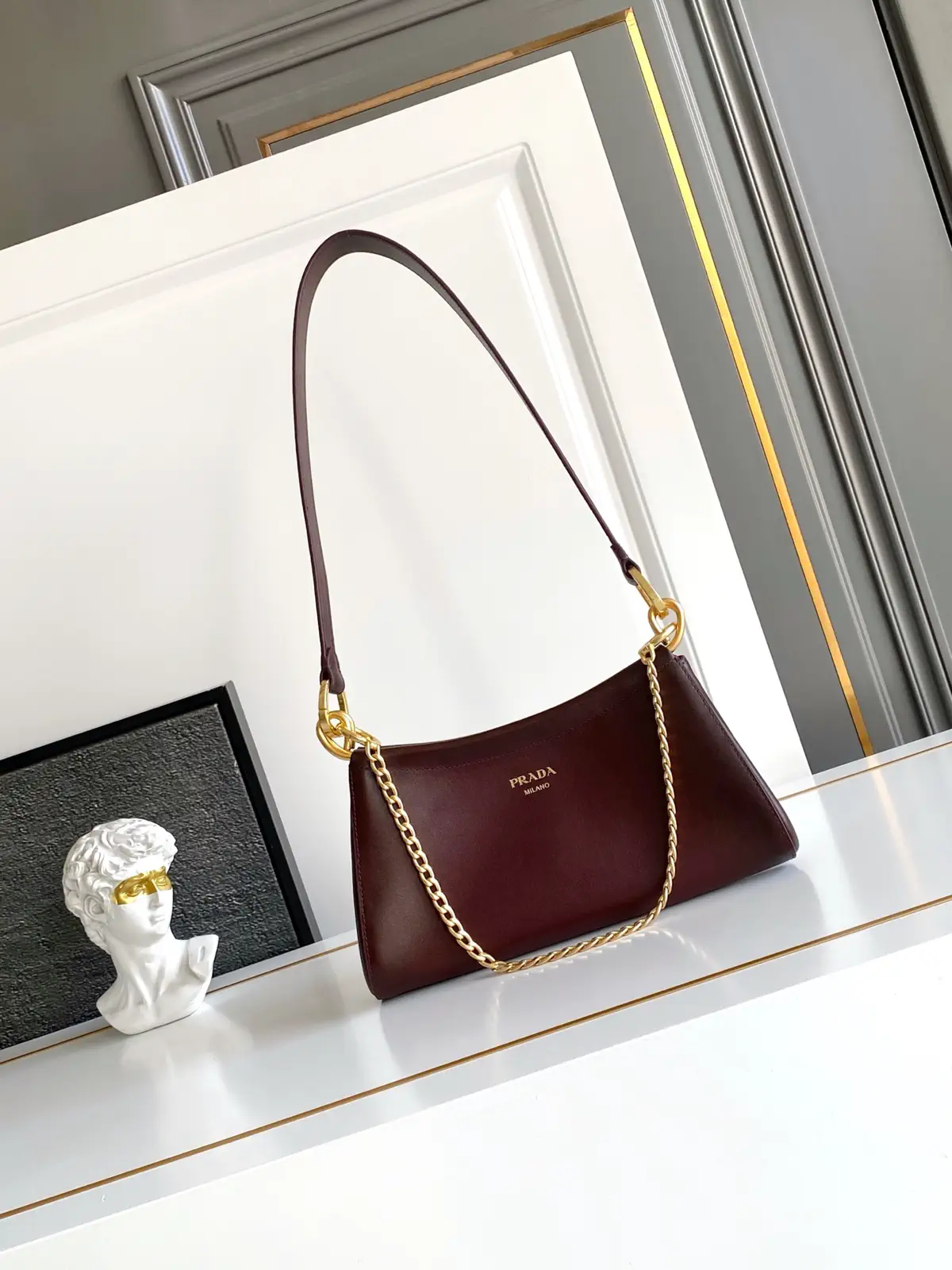 Prada Burgundy Leather Shoulder Bag with Chain Detail image 1