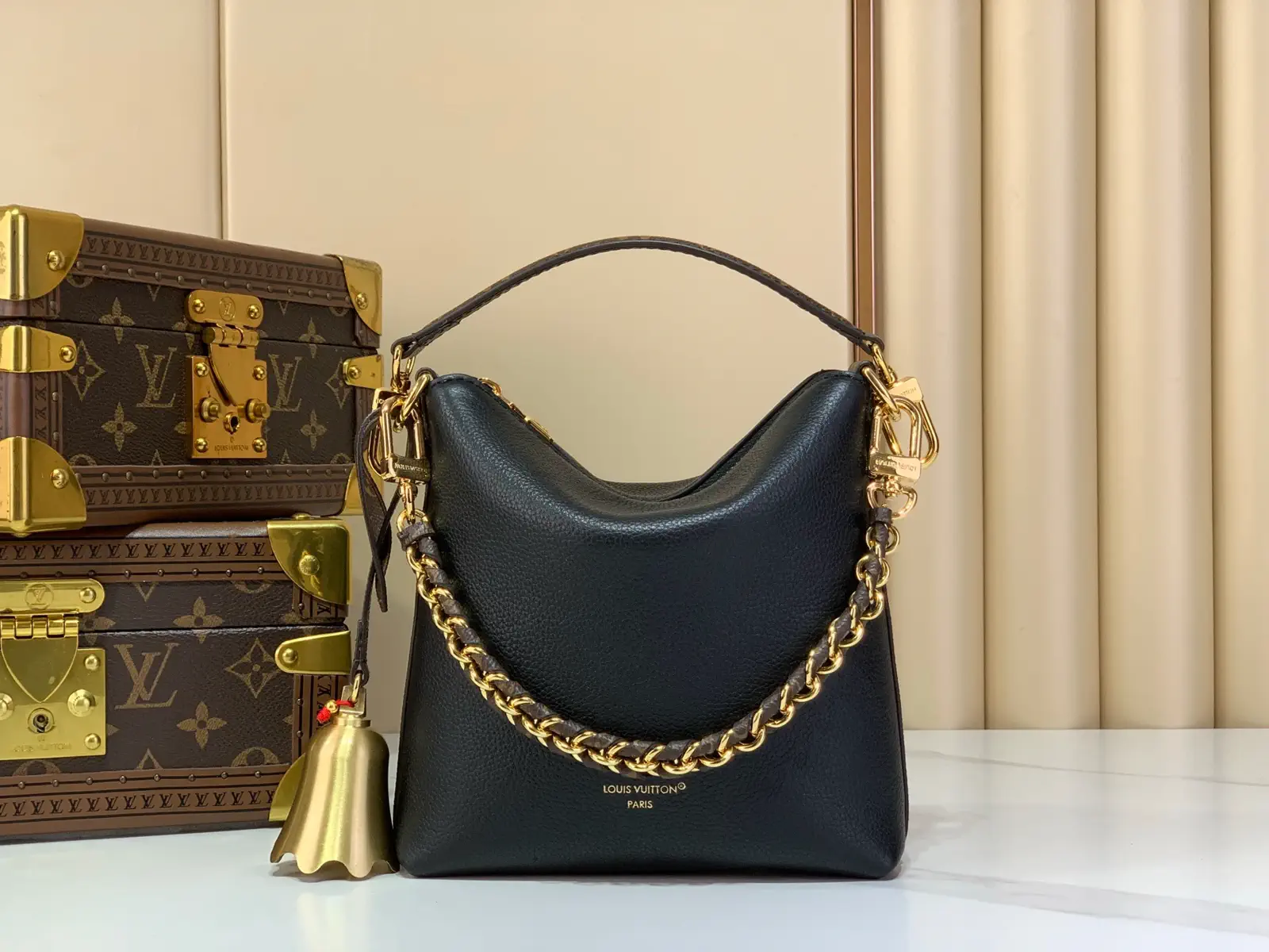 Louis Vuitton Black Leather Chain Bag with Bell Charm image 1