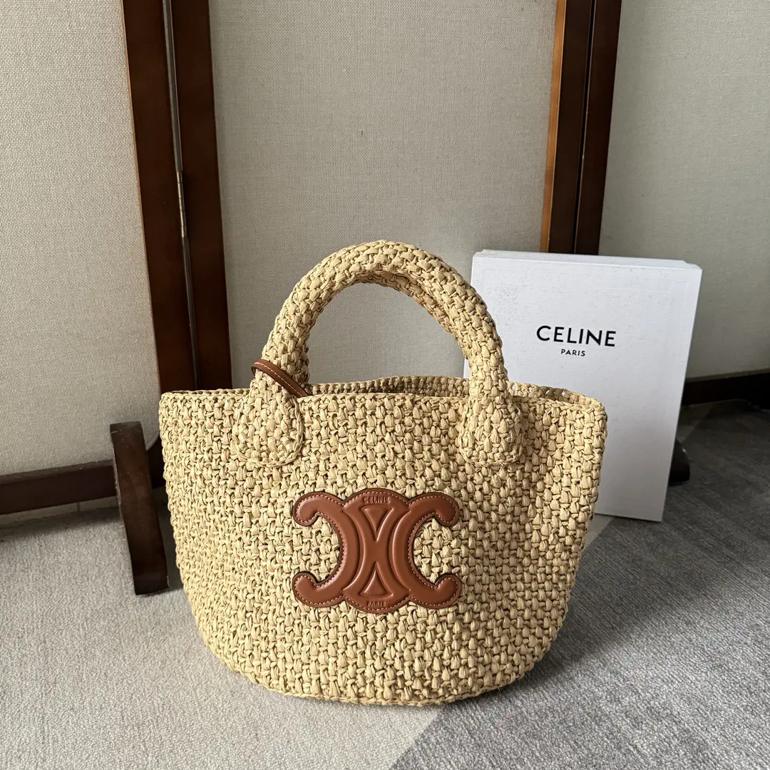 CELINE Straw Bucket Bag with Triomphe Logo Patch image 1
