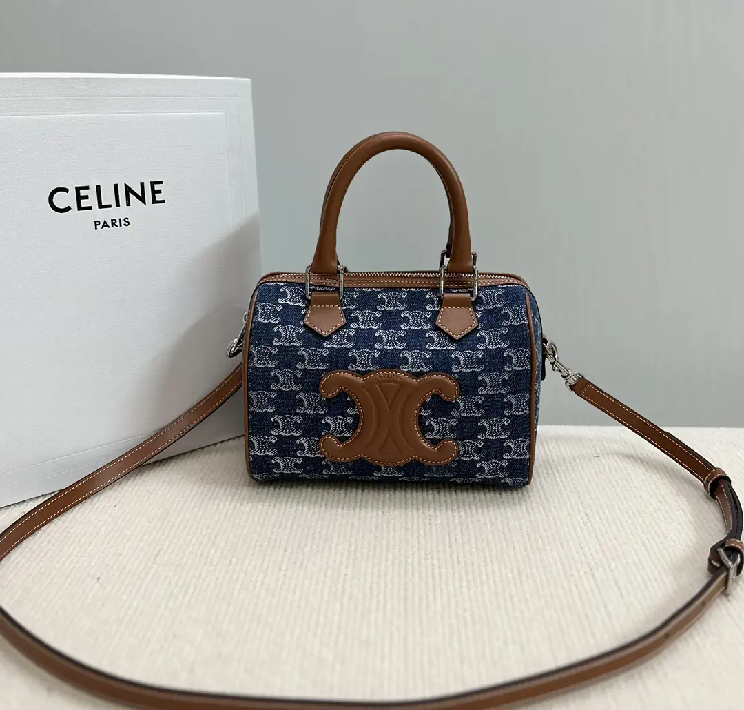CELINE Denim Monogram Boston Bag with Brown Trim image 1
