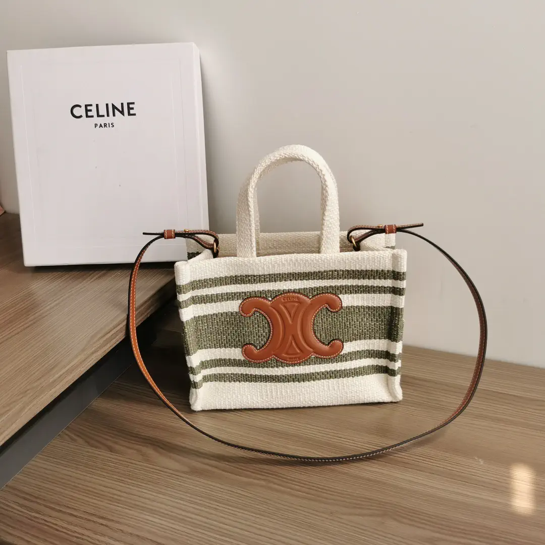 CELINE Striped Woven Tote Bag with Long Shoulder Strap image 1