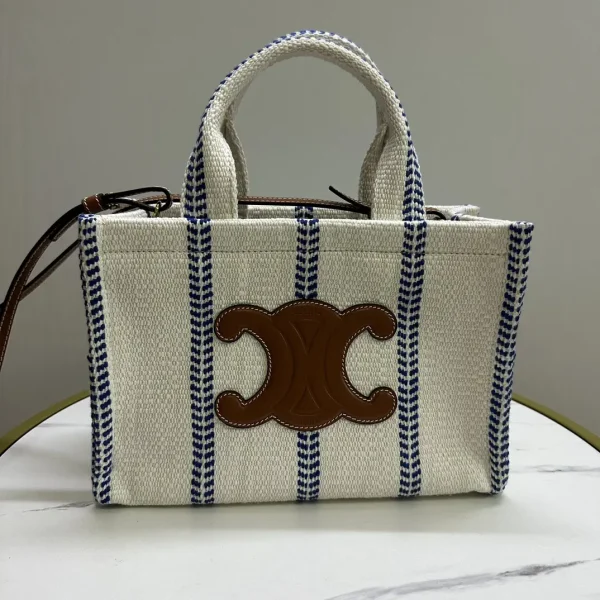 CELINE White with Blue Stripes Fabric Tote Bag image 1