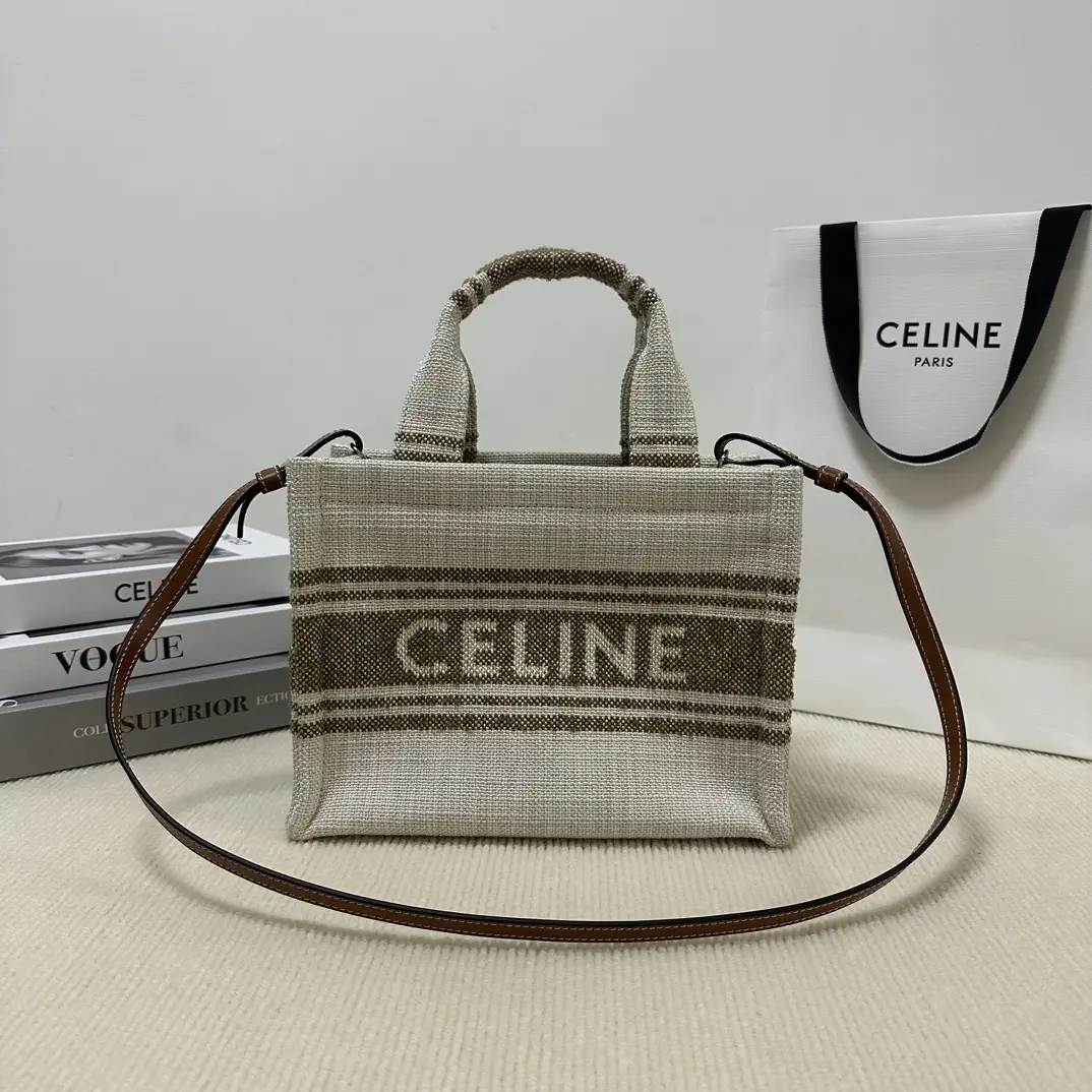 CELINE Striped Fabric Tote Bag with Logo Print image 1