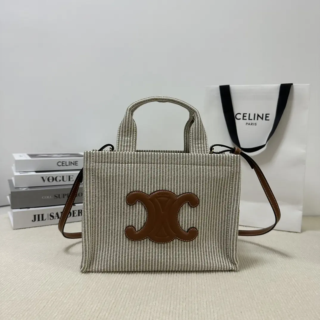 CELINE Striped Fabric Tote Bag with Triomphe Patch image 1