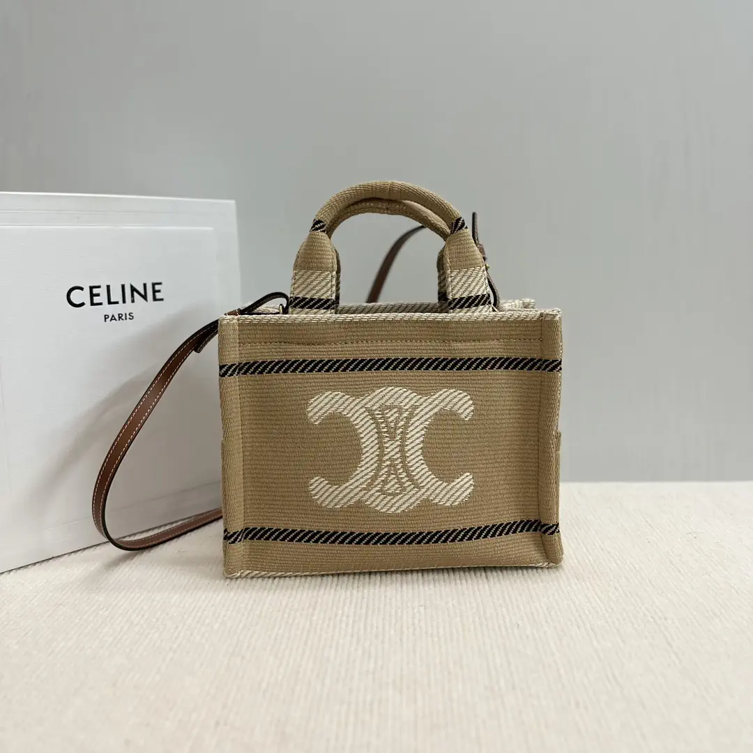 CELINE Striped Fabric Small Tote Bag with Crossbody Strap image 1