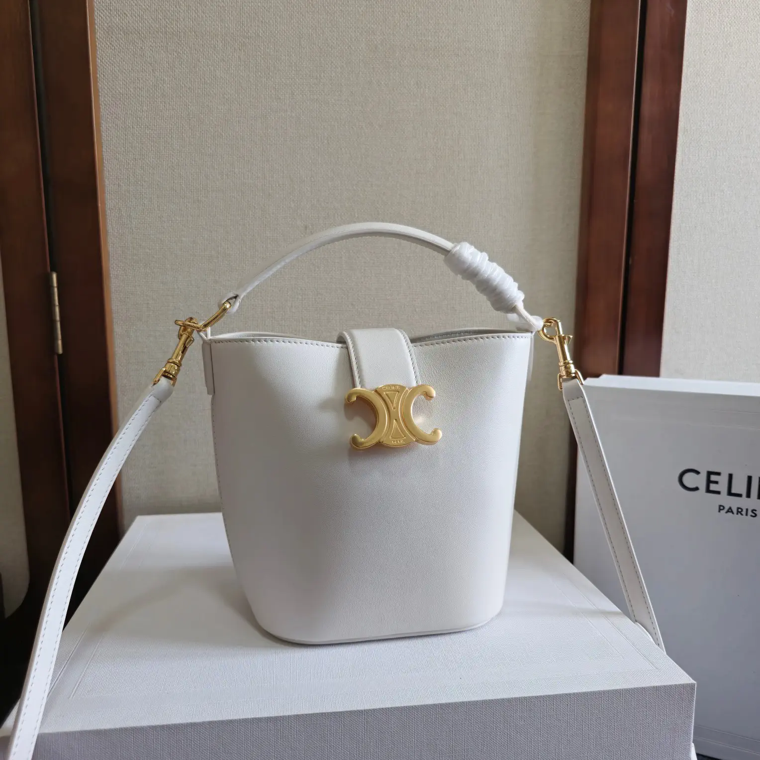CELINE White Mini Bucket Bag with Triomphe Logo image 1