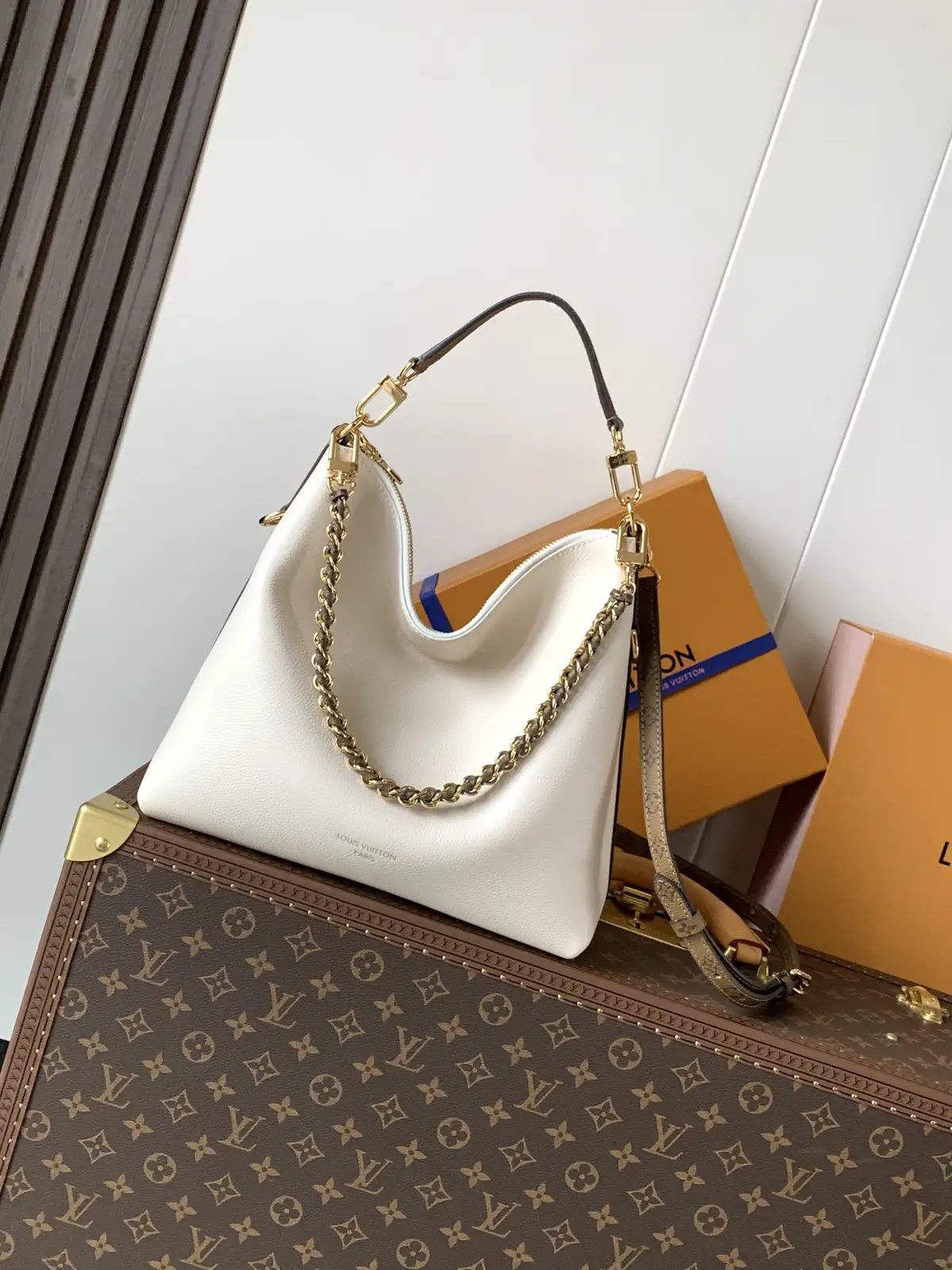 Louis Vuitton White Hobo Shoulder Bag with Monogram Trim image 1