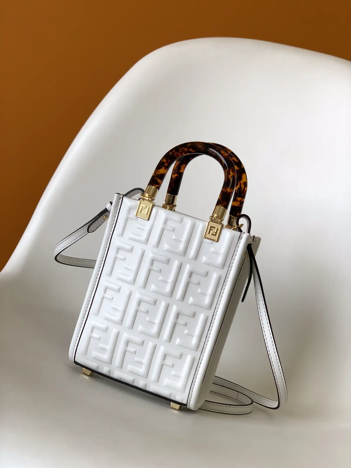 FENDI White Embossed FF Mini Sunshine Shopper Top Handle Bag image 1