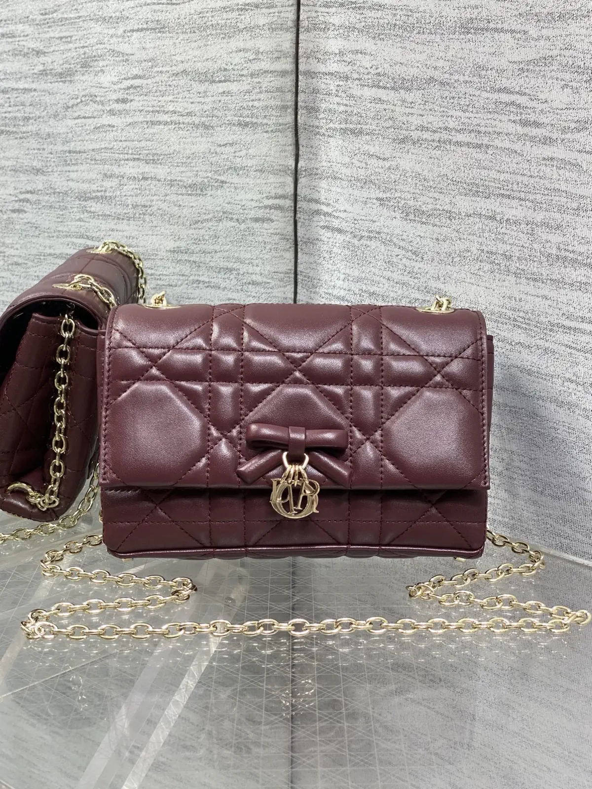 Dior Burgundy Quilted Bow Chain Crossbody Bag image 1