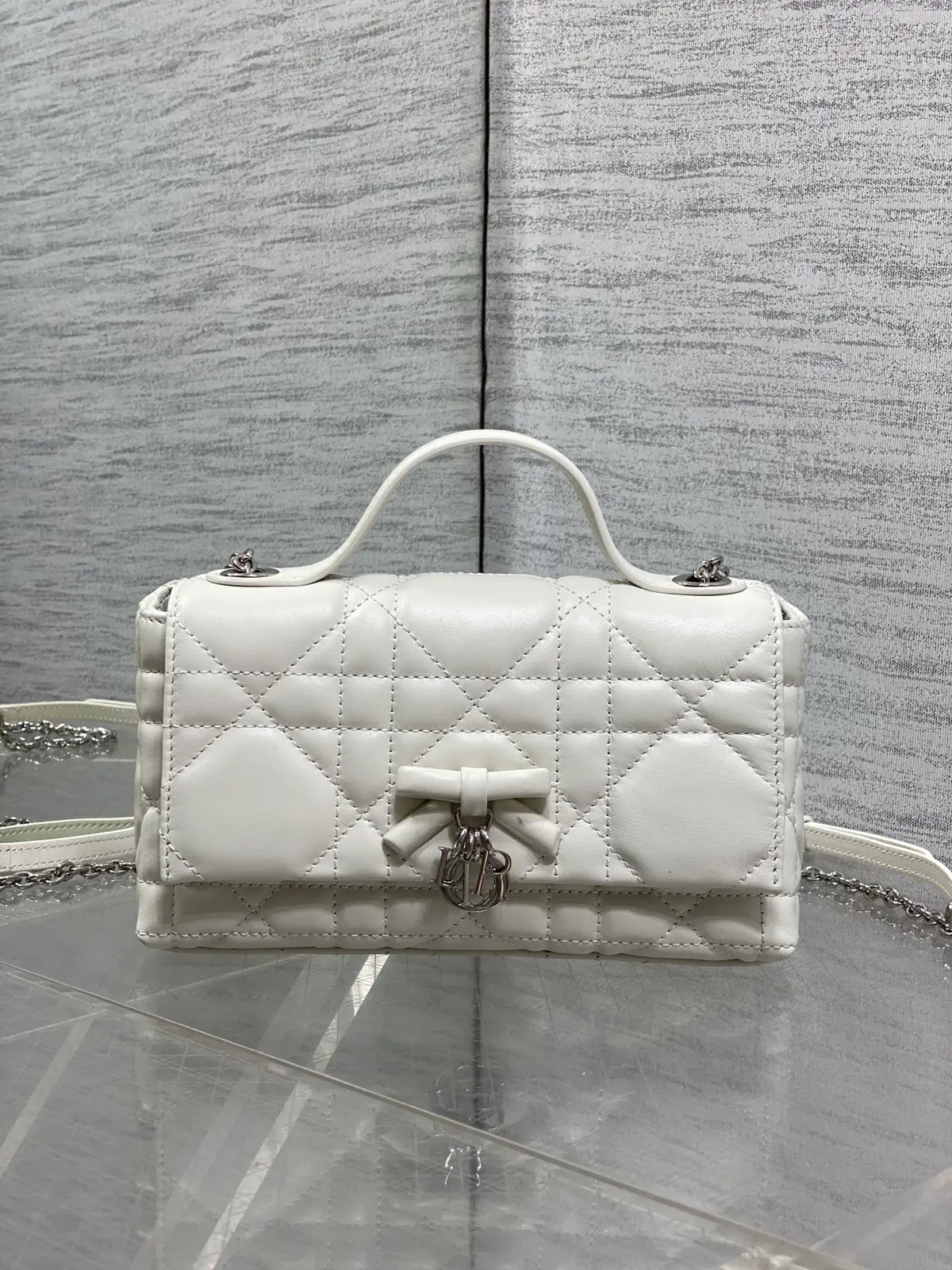 Dior White Quilted Bow Chain Top Handle Bag image 1