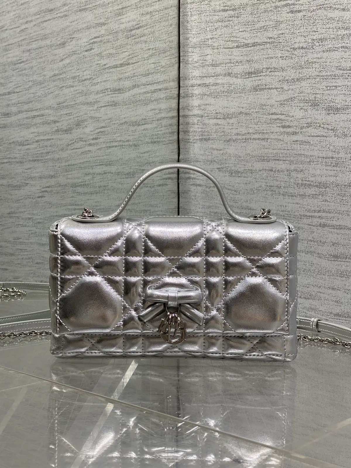 Dior Silver Quilted Bow Chain Top Handle Bag image 1