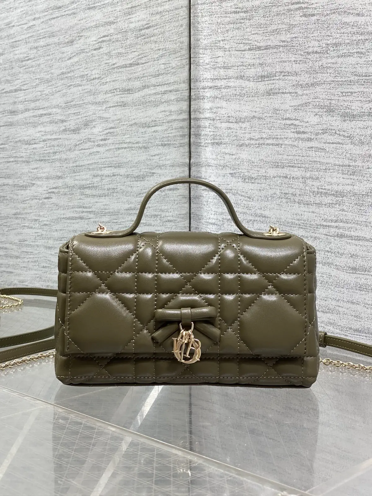 Dior Olive Green Quilted Bow Chain Top Handle Bag image 1