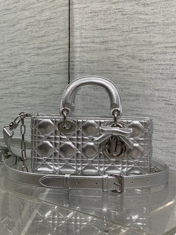 Dior Silver Quilted Top Handle Bag with Bow Detail image 1