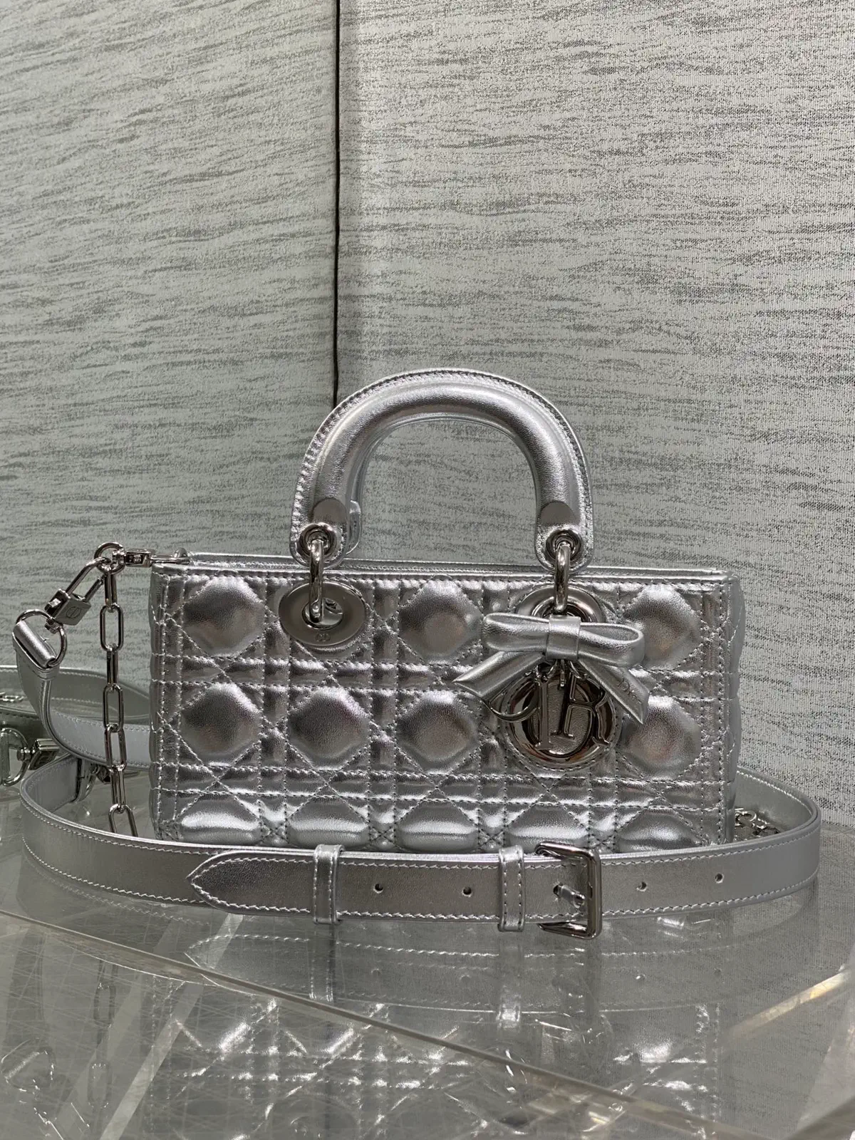 Dior Silver Quilted Top Handle Bag with Bow Detail image 1