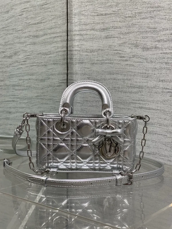 Dior Silver Quilted D-Joy Mini Top Handle Bag with Bow Charm image 1