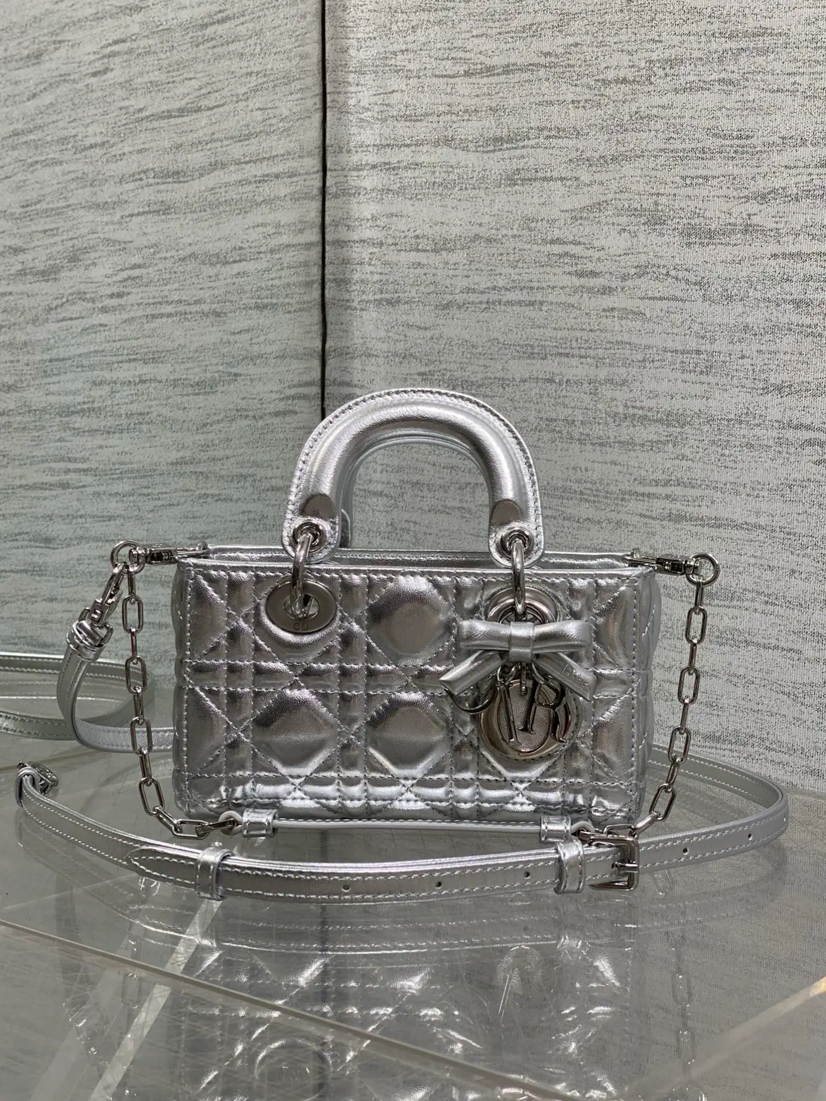 Dior Silver Quilted D-Joy Mini Top Handle Bag with Bow Charm image 1