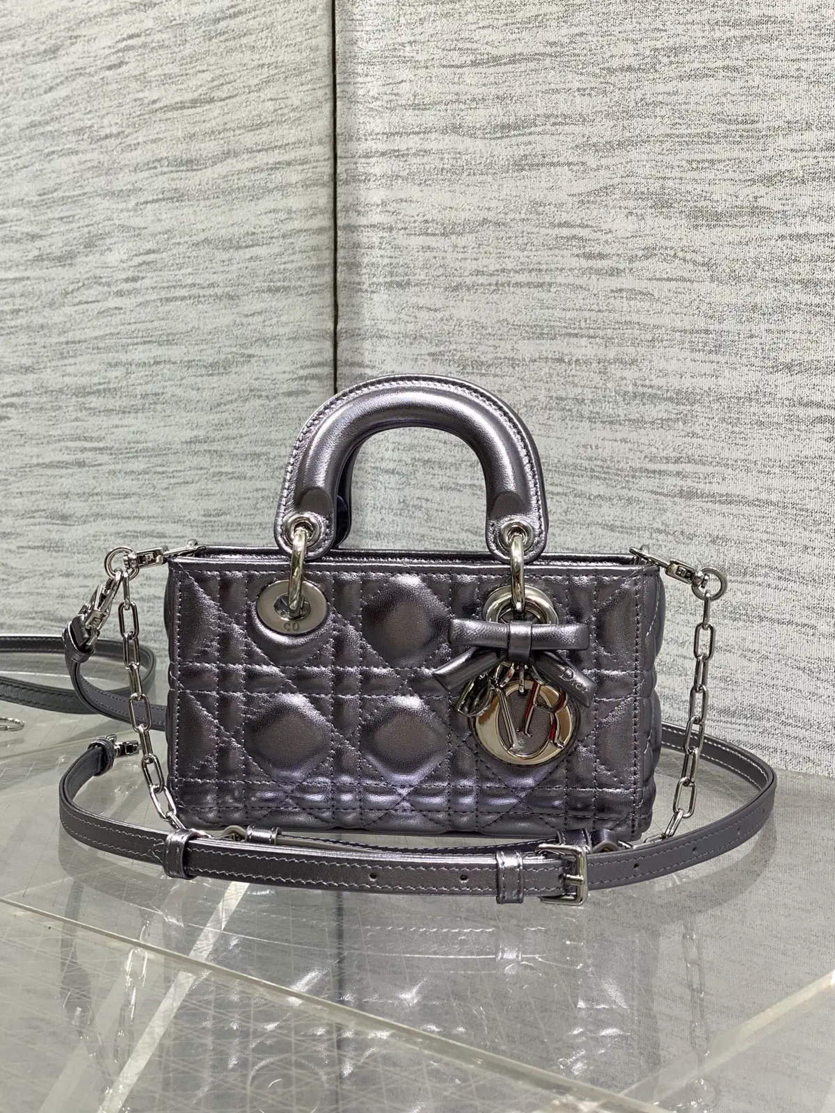 Dior Metallic Quilted D-Joy Mini Top Handle Bag with Bow Detail image 1