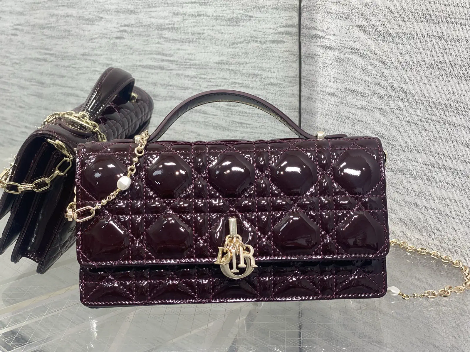 Dior Quilted Patent Top Handle Bag with Pearl Chain image 1