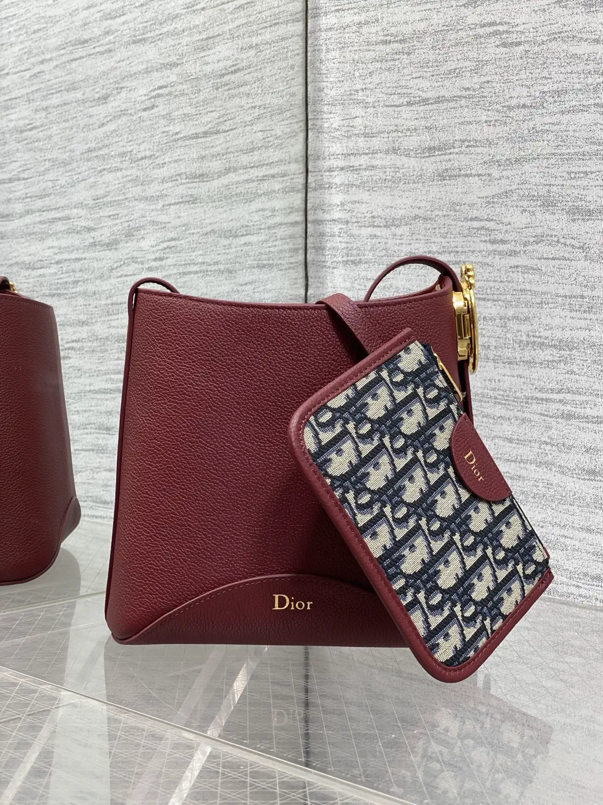 Dior Burgundy Small Bucket Bag with Monogram Pouch image 1