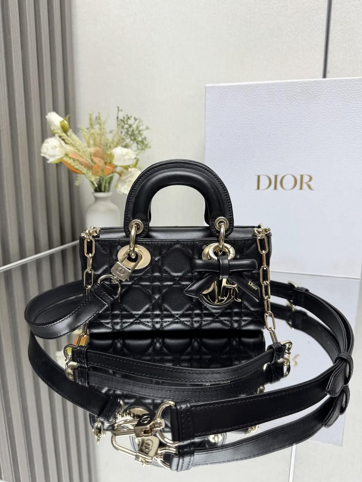 Dior Black Quilted Mini Top Handle Bag with Bow Detail image 1