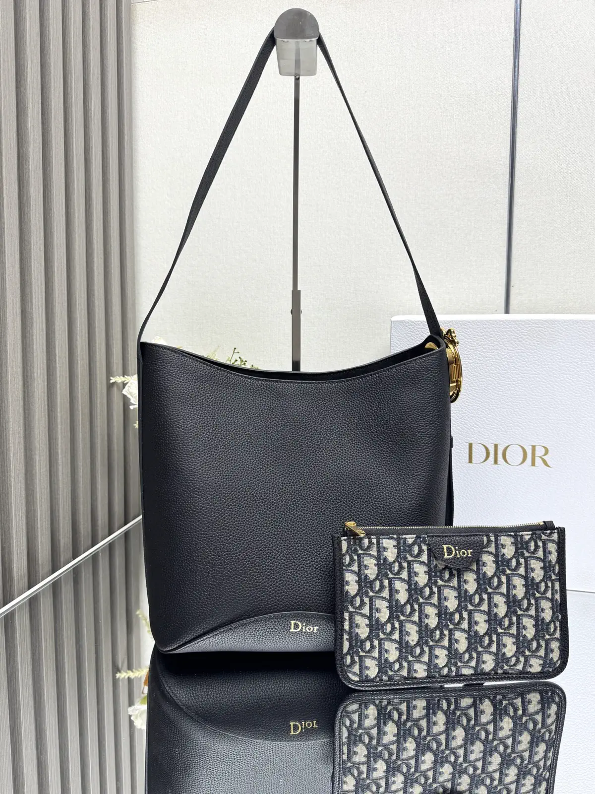Dior Black Leather Bucket Bag with Detachable Pouch image 1