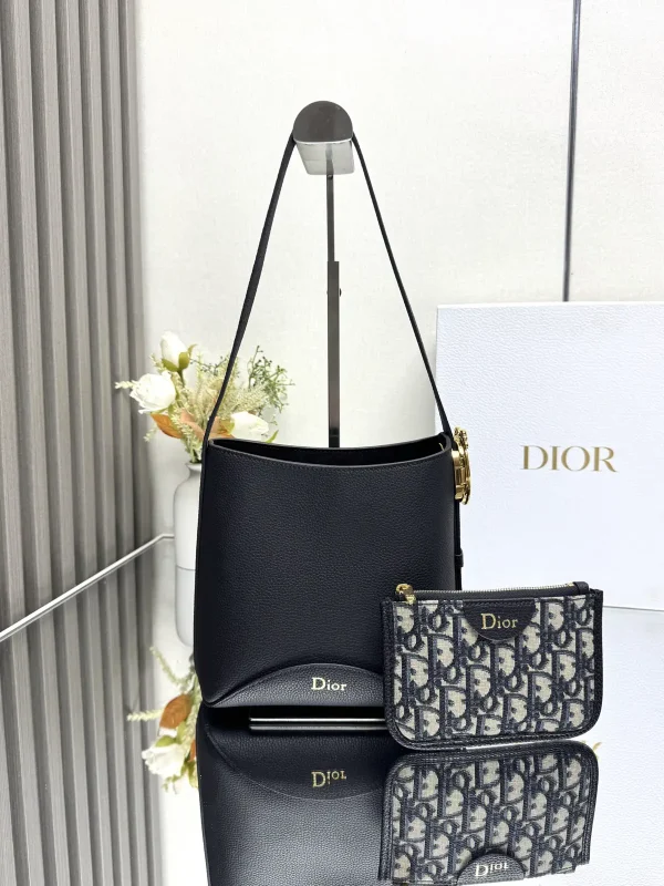 Dior Black Leather Bucket Bag with Detachable Pouch image 1
