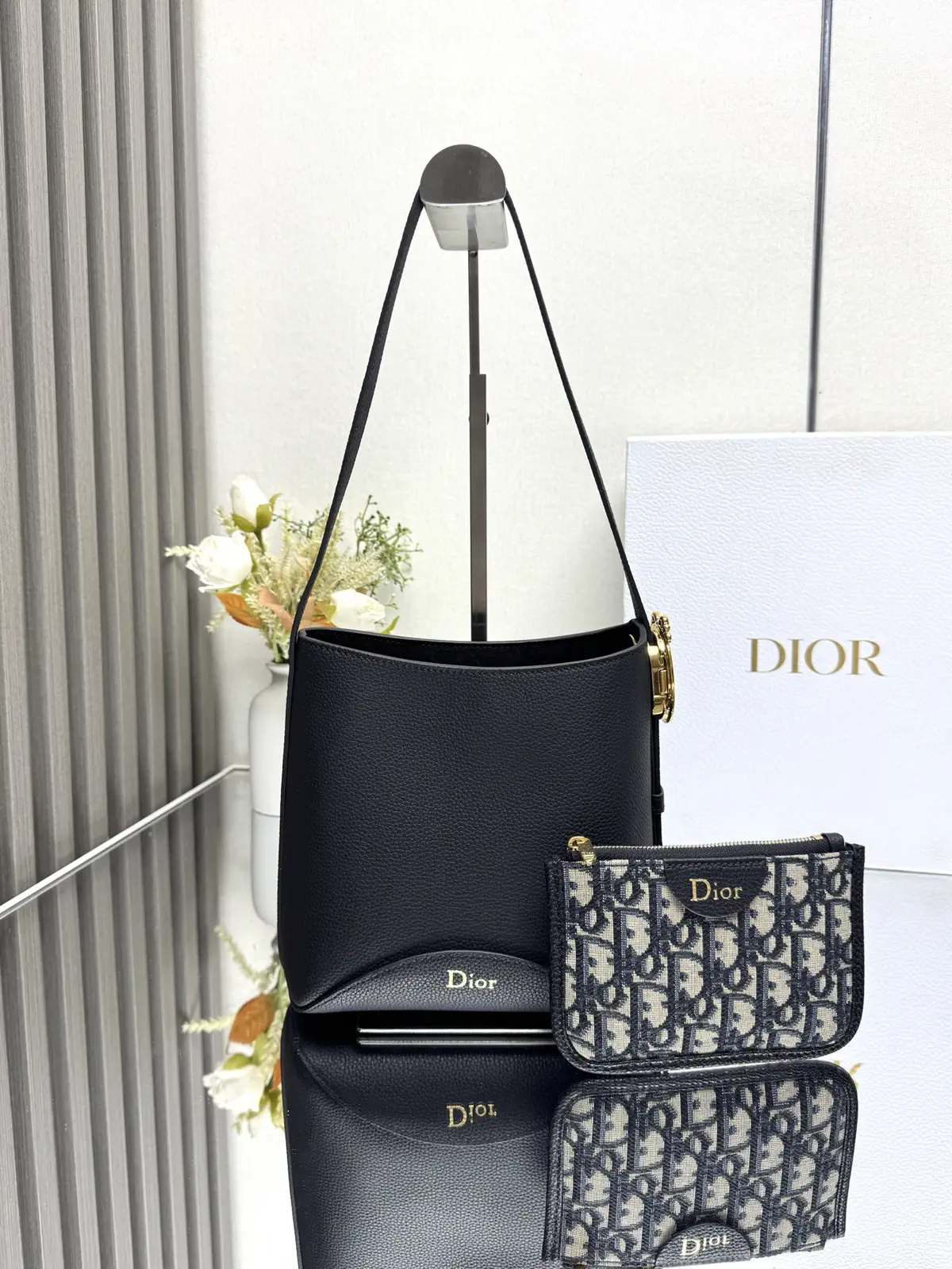 Dior Black Leather Bucket Bag with Detachable Pouch image 1