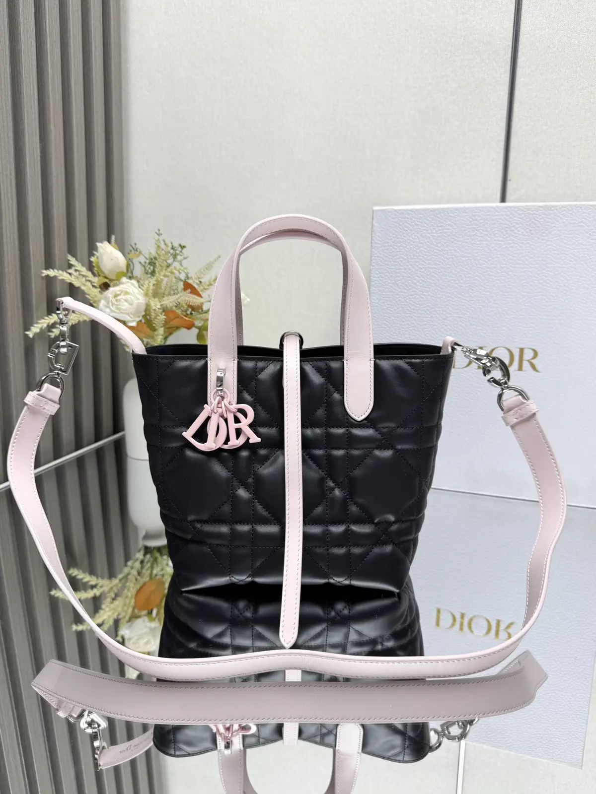 Dior Black with Pink Trim Quilted Top Handle Bag image 1