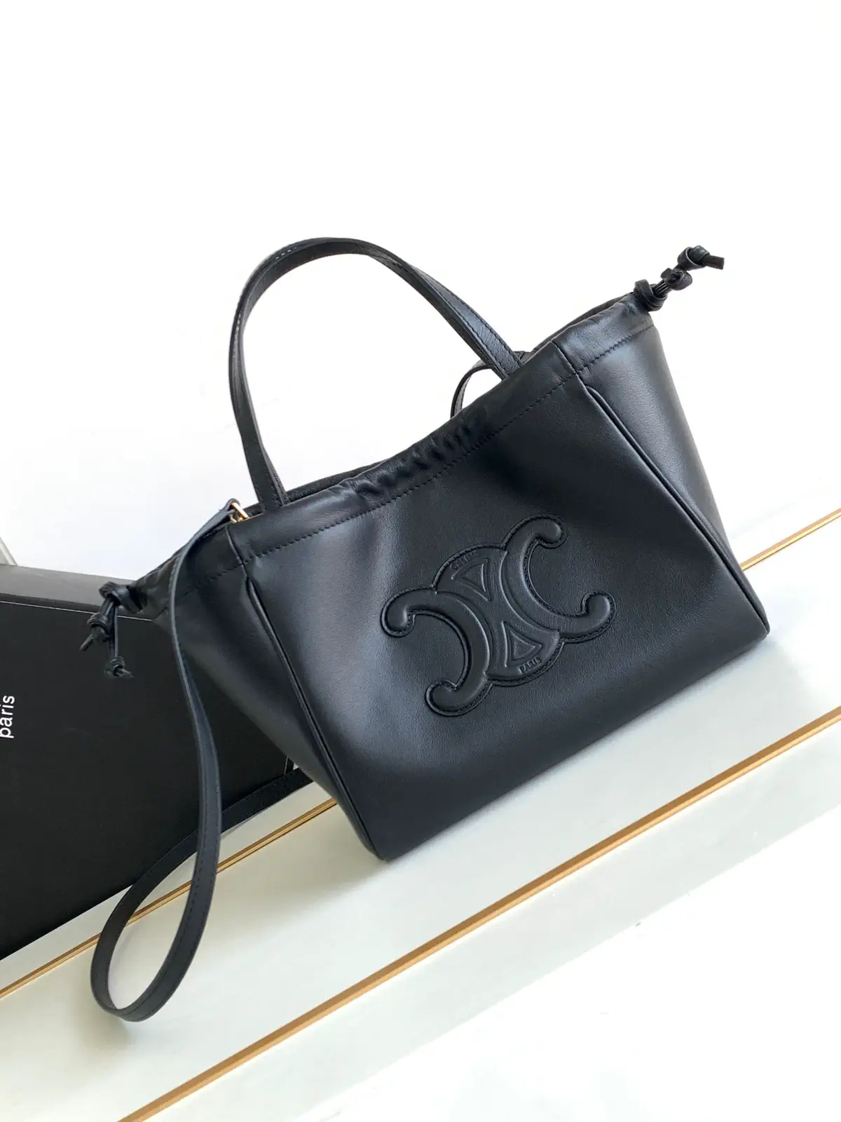 CELINE Black Smooth Calfskin Mini Drawstring Tote Bag image 1