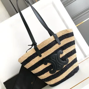 CELINE Striped Straw Tote Bag with Leather Trim image 1