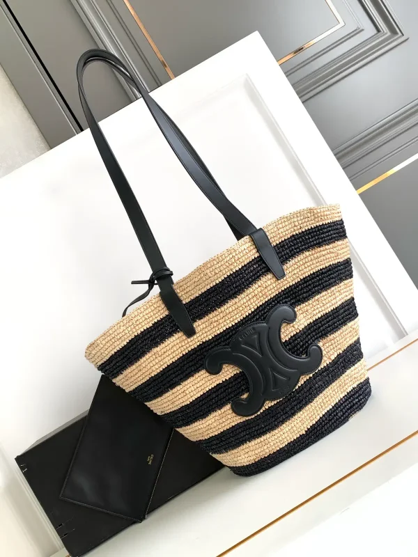 CELINE Striped Straw Tote Bag with Leather Trim image 1