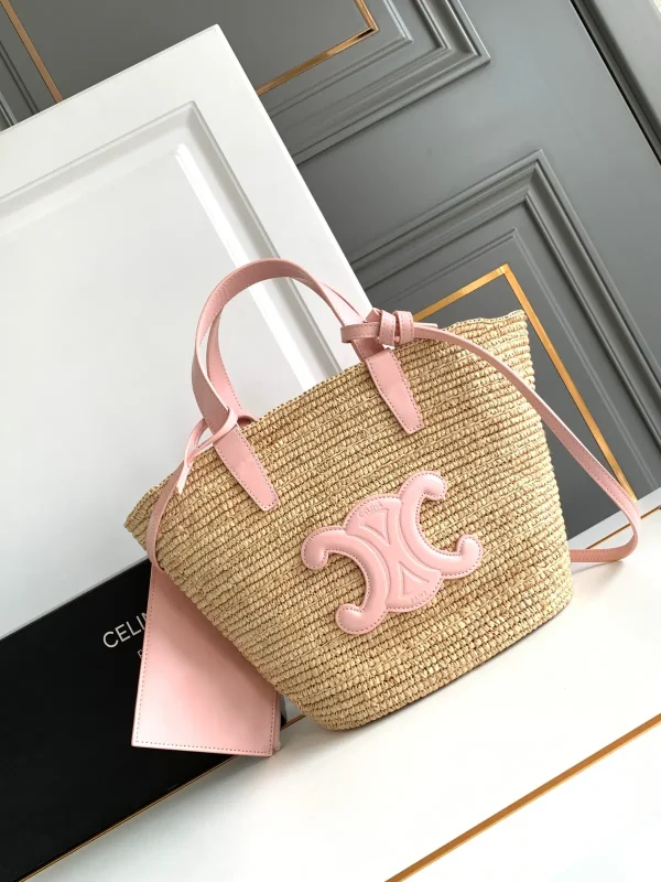 CELINE Teen Straw Tote Bag with Pink Leather Trim image 1