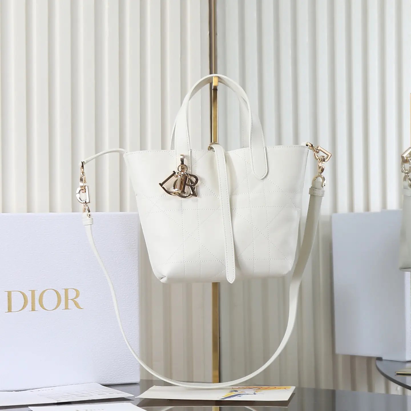 Dior White Quilted Small Top Handle Bag with Shoulder Strap image 1