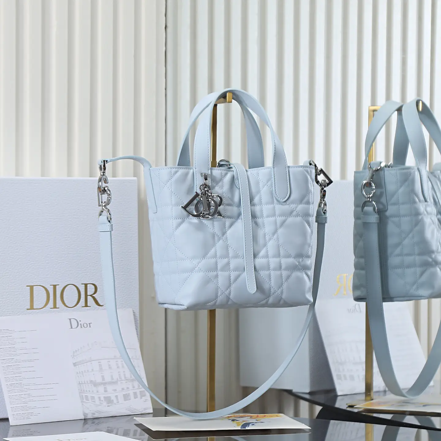 Dior Ice Blue Quilted Top Handle Bag with Detachable Shoulder Strap image 1