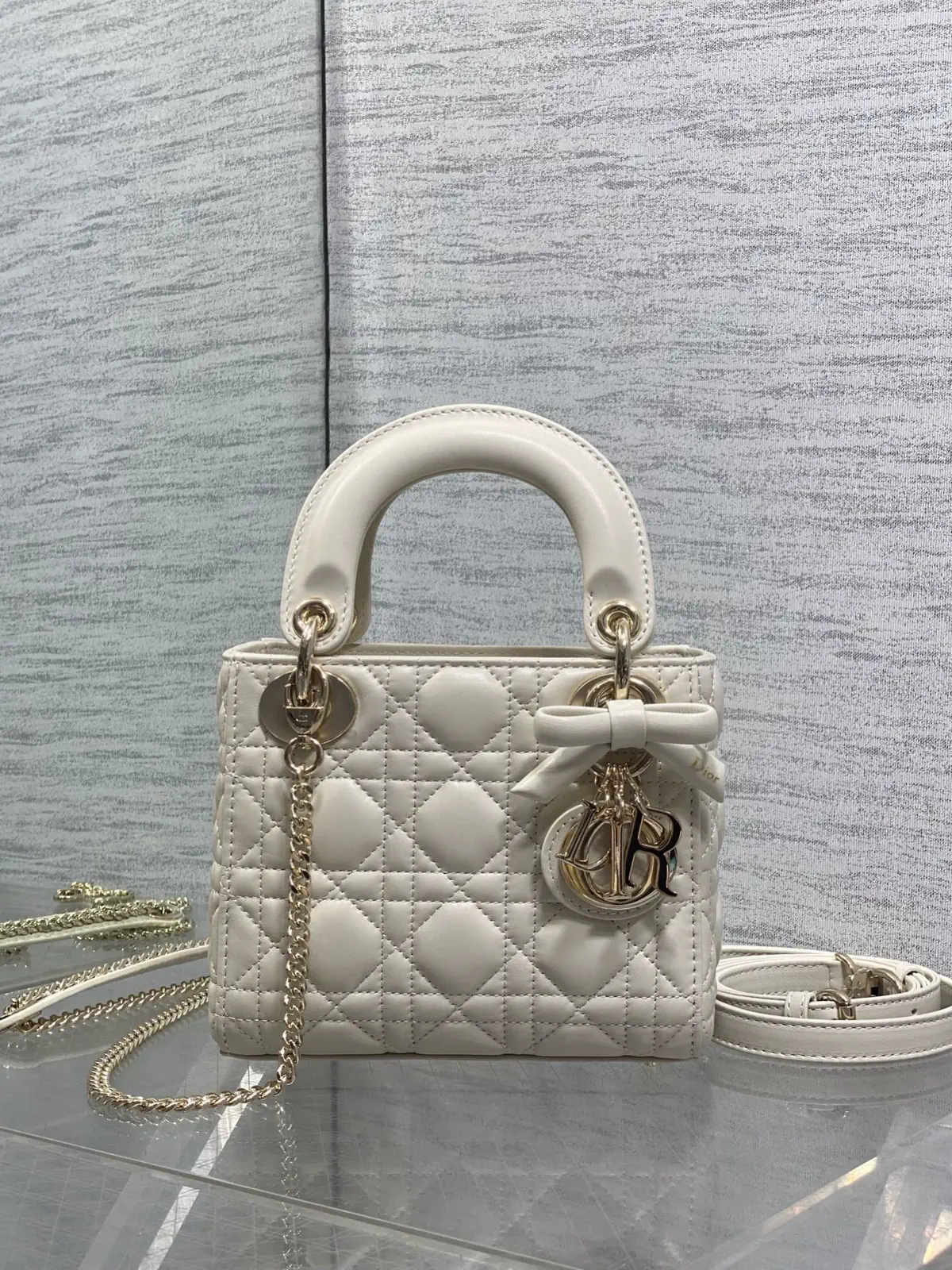 Dior White Quilted Top Handle Bag with Bow Charm image 1