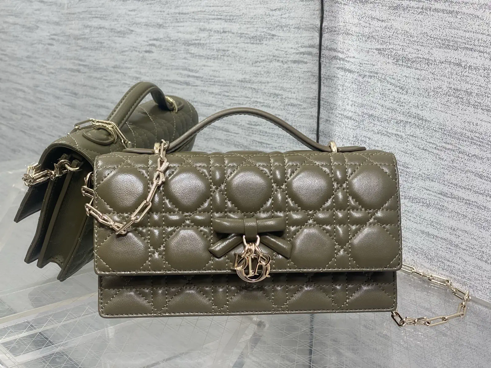 Dior Olive Green Quilted Top Handle Bag with Bow and Chain Strap image 1