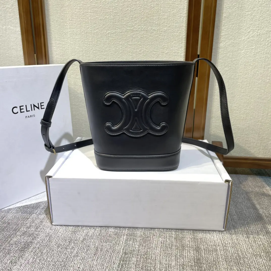 CELINE Black Leather Bucket Bag with Triomphe Logo image 1