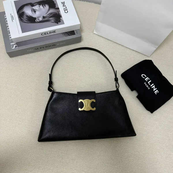 CELINE Black Leather Trapezoid Shoulder Bag with Triomphe Clasp image 1