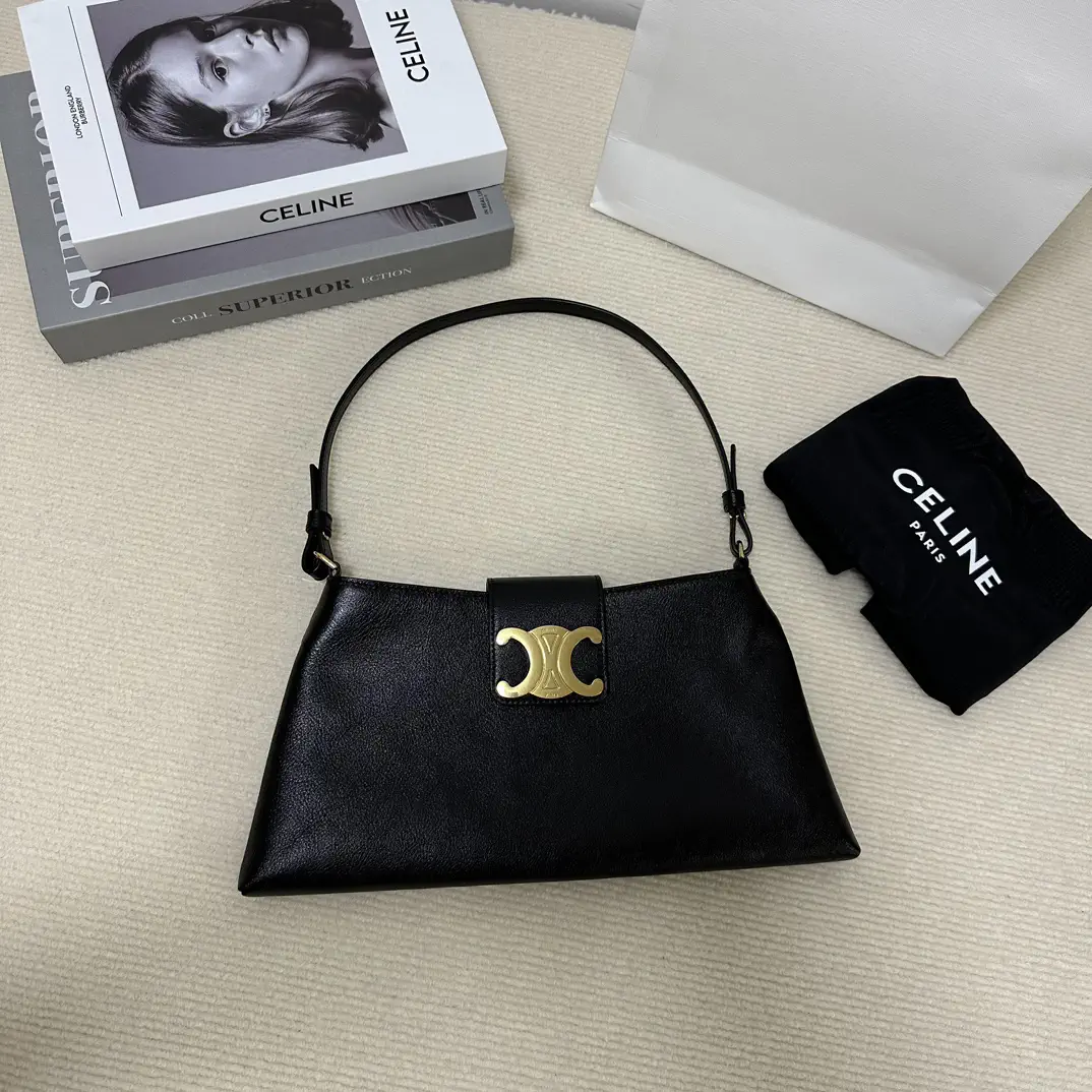 CELINE Black Leather Trapezoid Shoulder Bag with Triomphe Clasp image 1