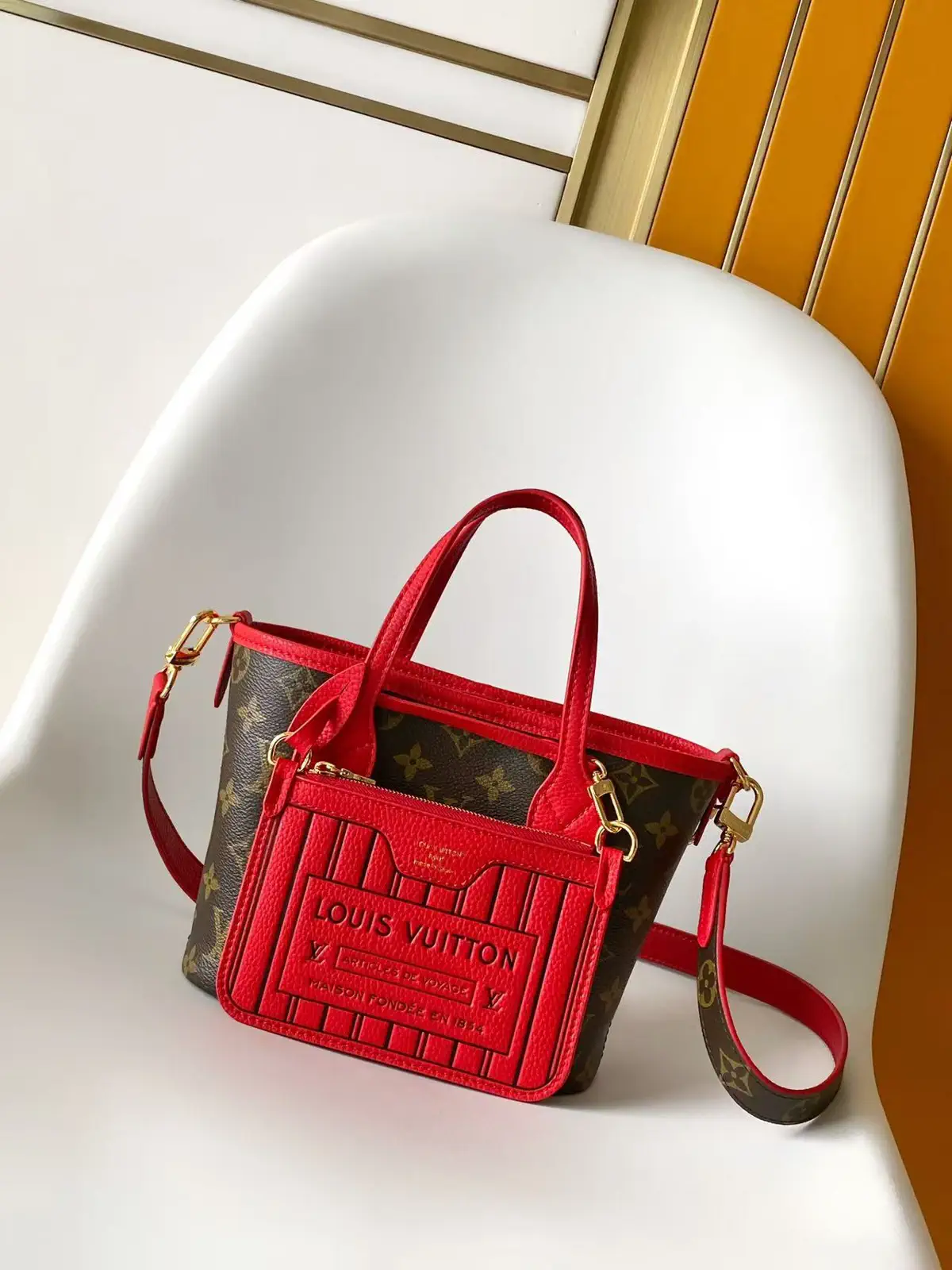 Louis Vuitton Red Monogram Canvas Neverfull Bandoulière Inside Out BB Tote Bag image 1